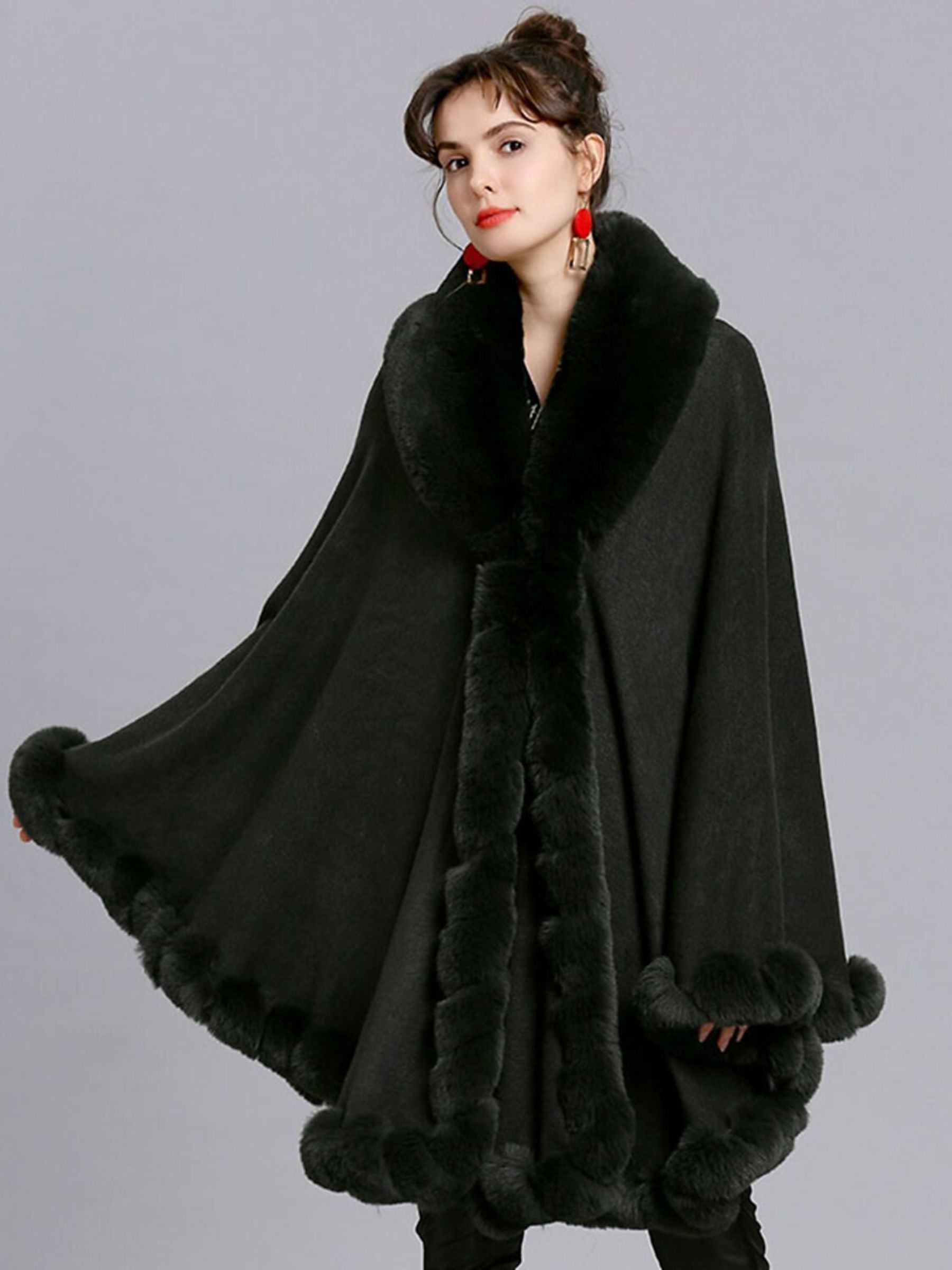 Women‘s White Fashionable Faux Fur Long Sleeves Wrap Cloak with Pure Color - Image 14