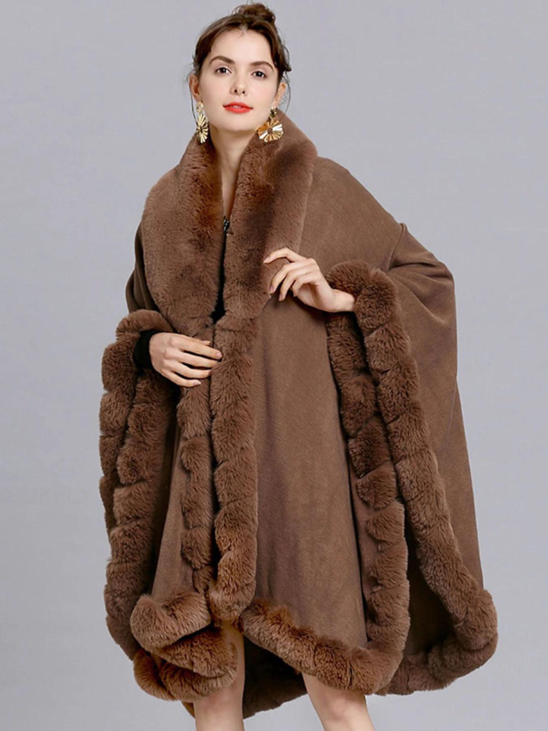 Women‘s White Fashionable Faux Fur Long Sleeves Wrap Cloak with Pure Color - Image 15