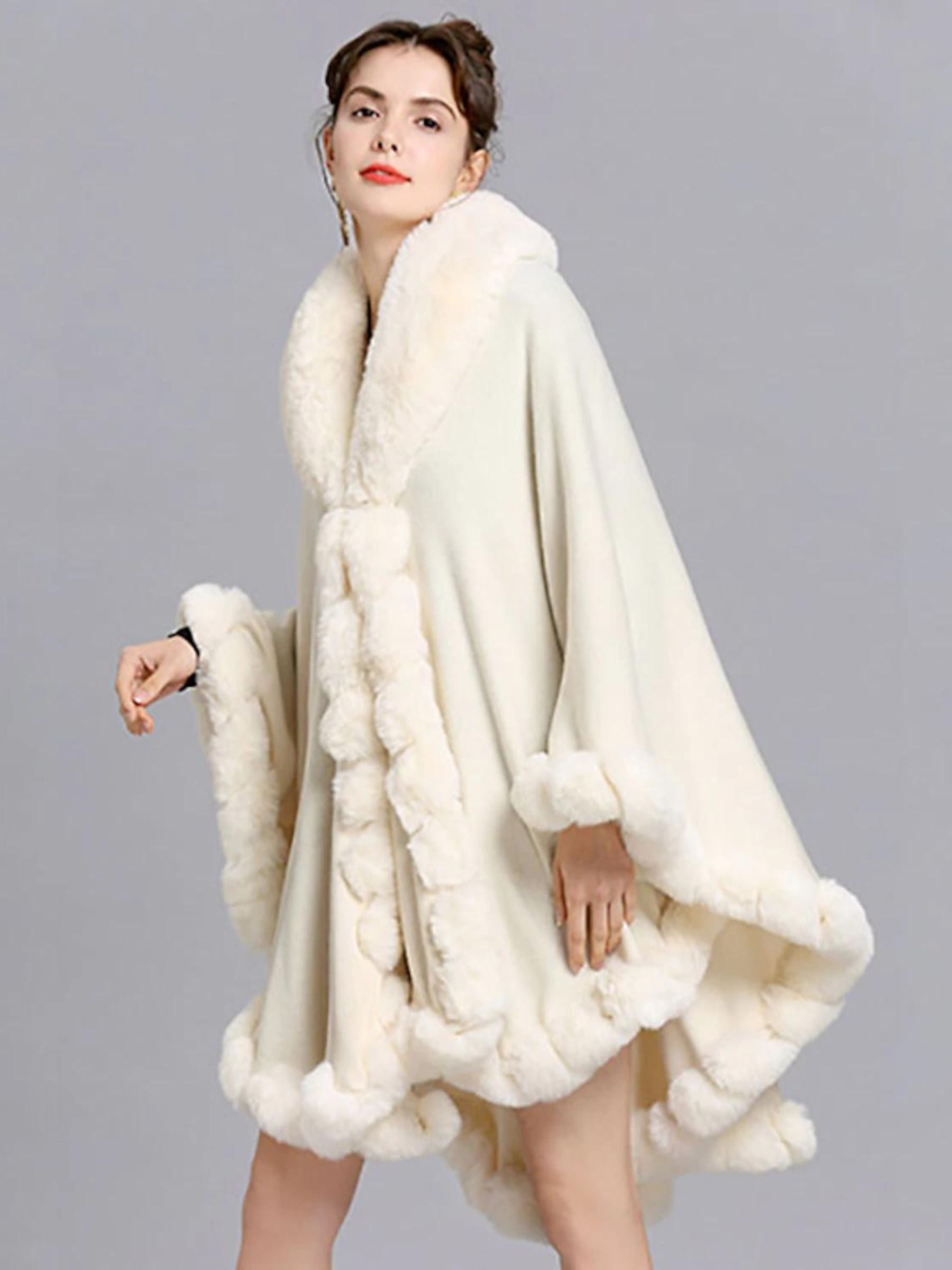 Women‘s White Fashionable Faux Fur Long Sleeves Wrap Cloak with Pure Color - Image 3