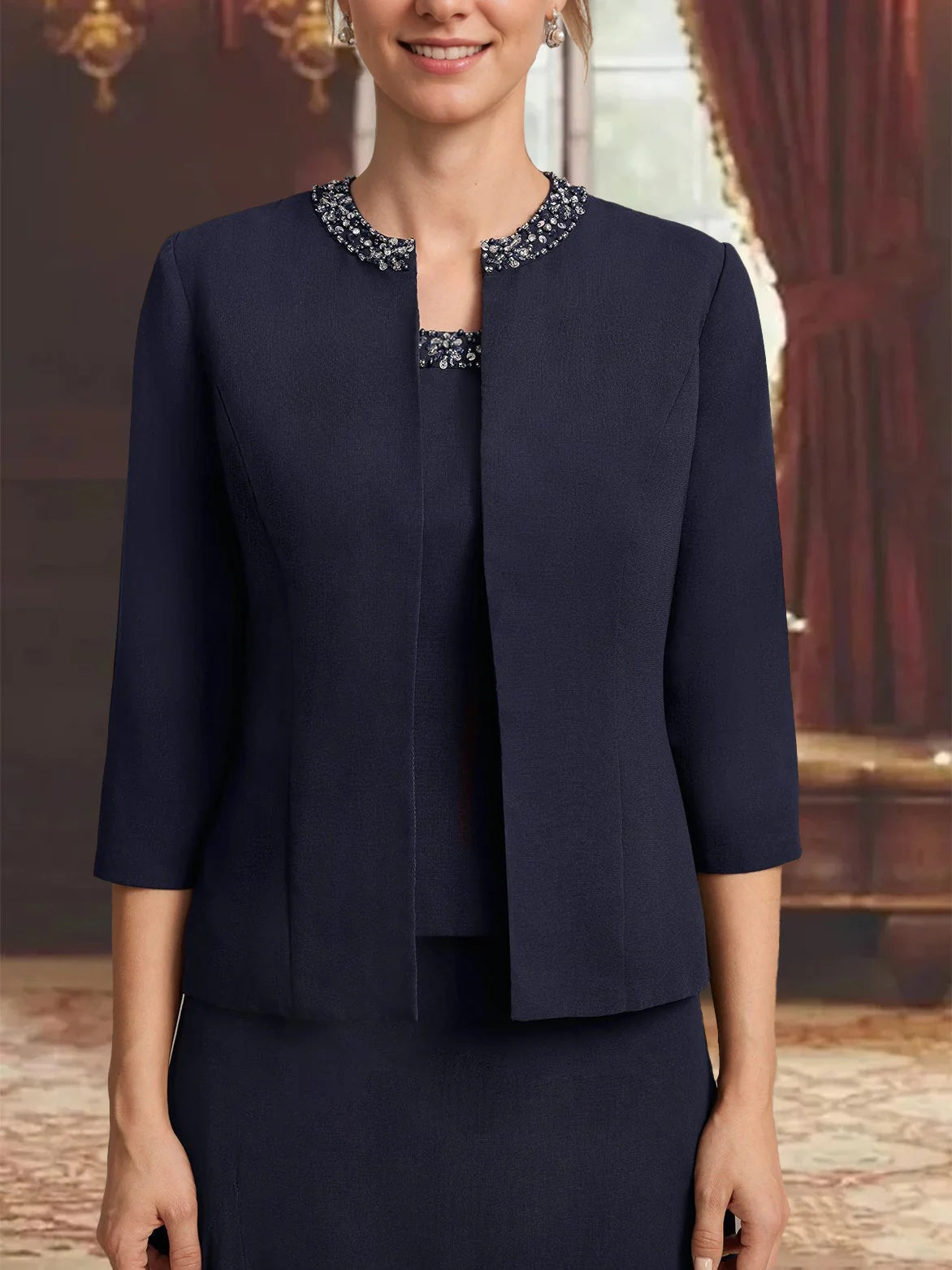 Women's Chiffon 3/4 Sleeves Open-front Jackets with Beads & Sequins - 이미지 3