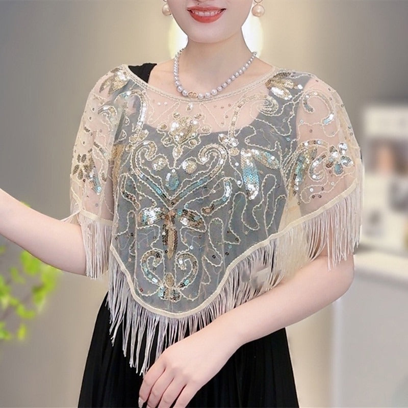 Women's Elegant Wrap Vintage Sleeveless Sequins Appliqued Wraps with Fringe - 이미지 5