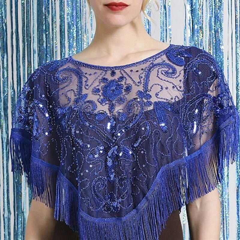 Women's Elegant Wrap Vintage Sleeveless Sequins Appliqued Wraps with Fringe - 이미지 3