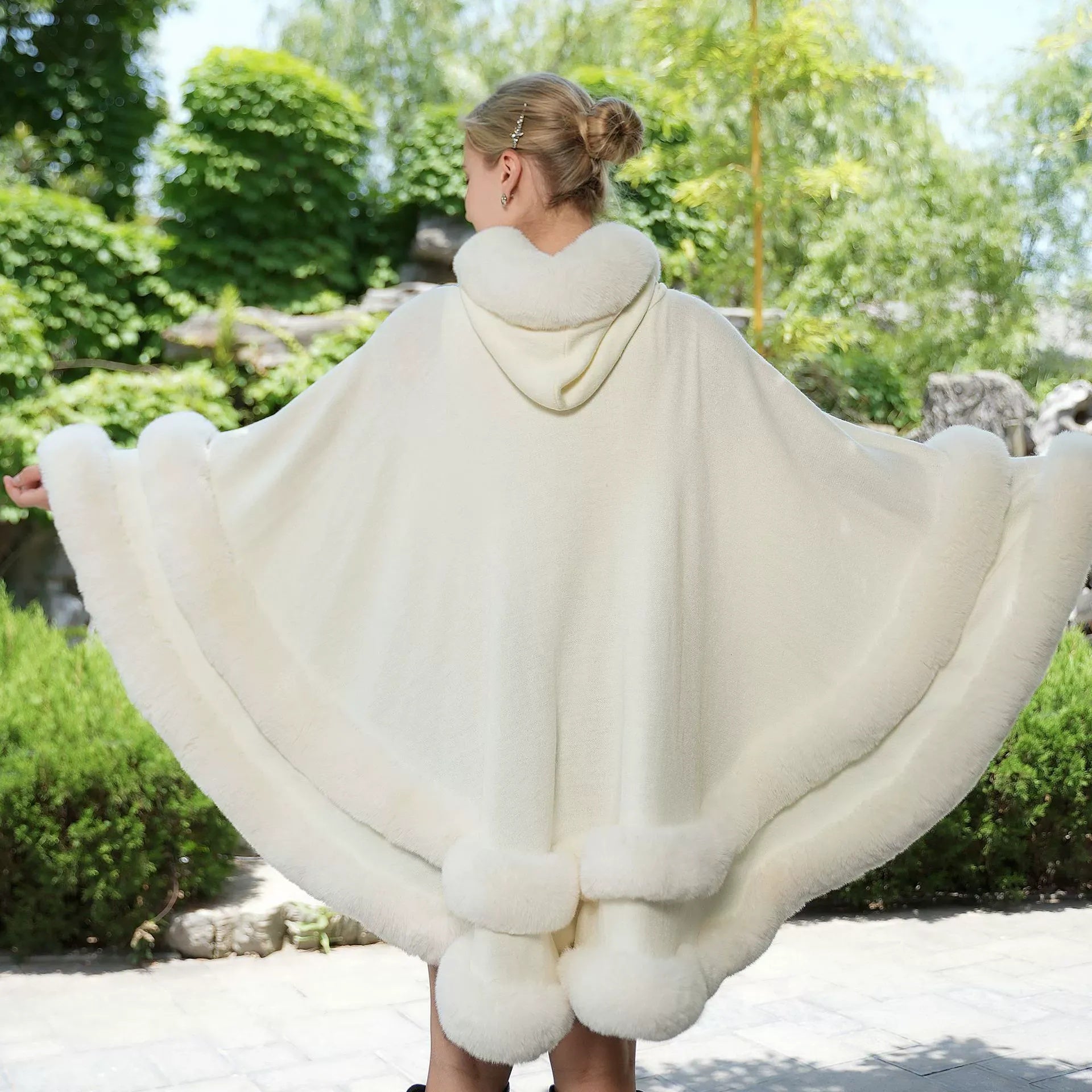 Women’s Winter Solid Color Faux Fur Knit Cape Shawl/Wrap - Image 2