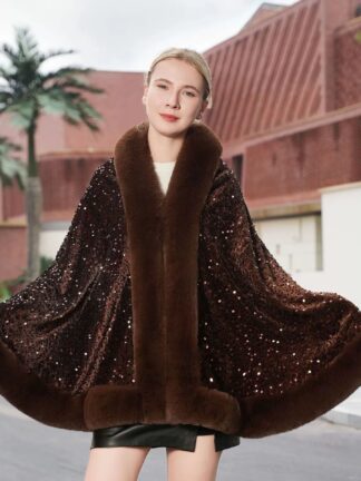 Women's Winter Faux Fur Trim Sequin Shawl/Wrap