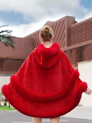 Women’s Winter Solid Color Faux Fur Red Cape Shawl/Wrap