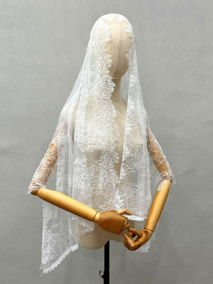 Vintage Lace Wedding Veil Shawl/Mantilla Muslim Veil with Floral - 画像 (3)