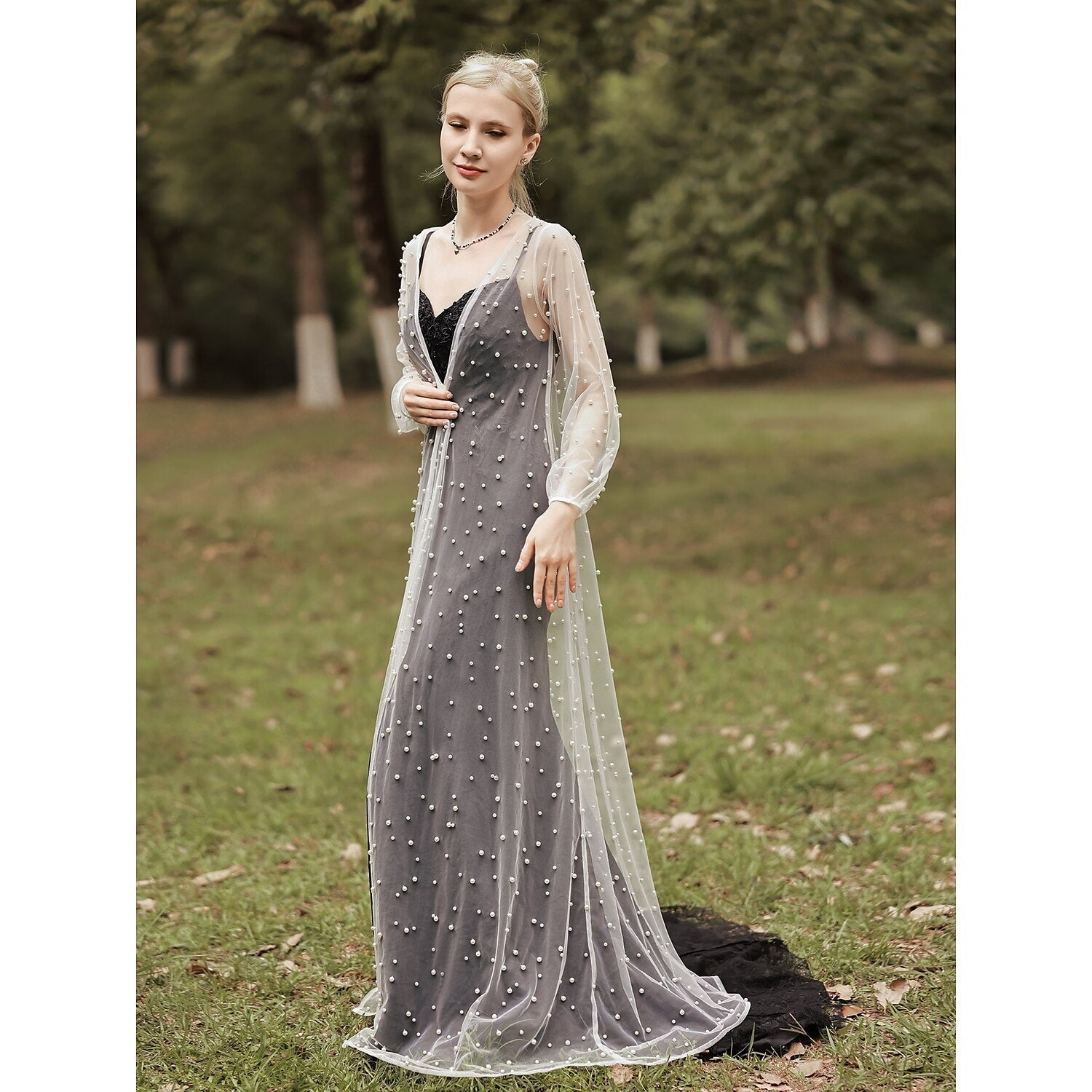 Elegant Long Sleeve Illusion Sleeve Tulle Wedding Wraps With Pure Color - Image 2