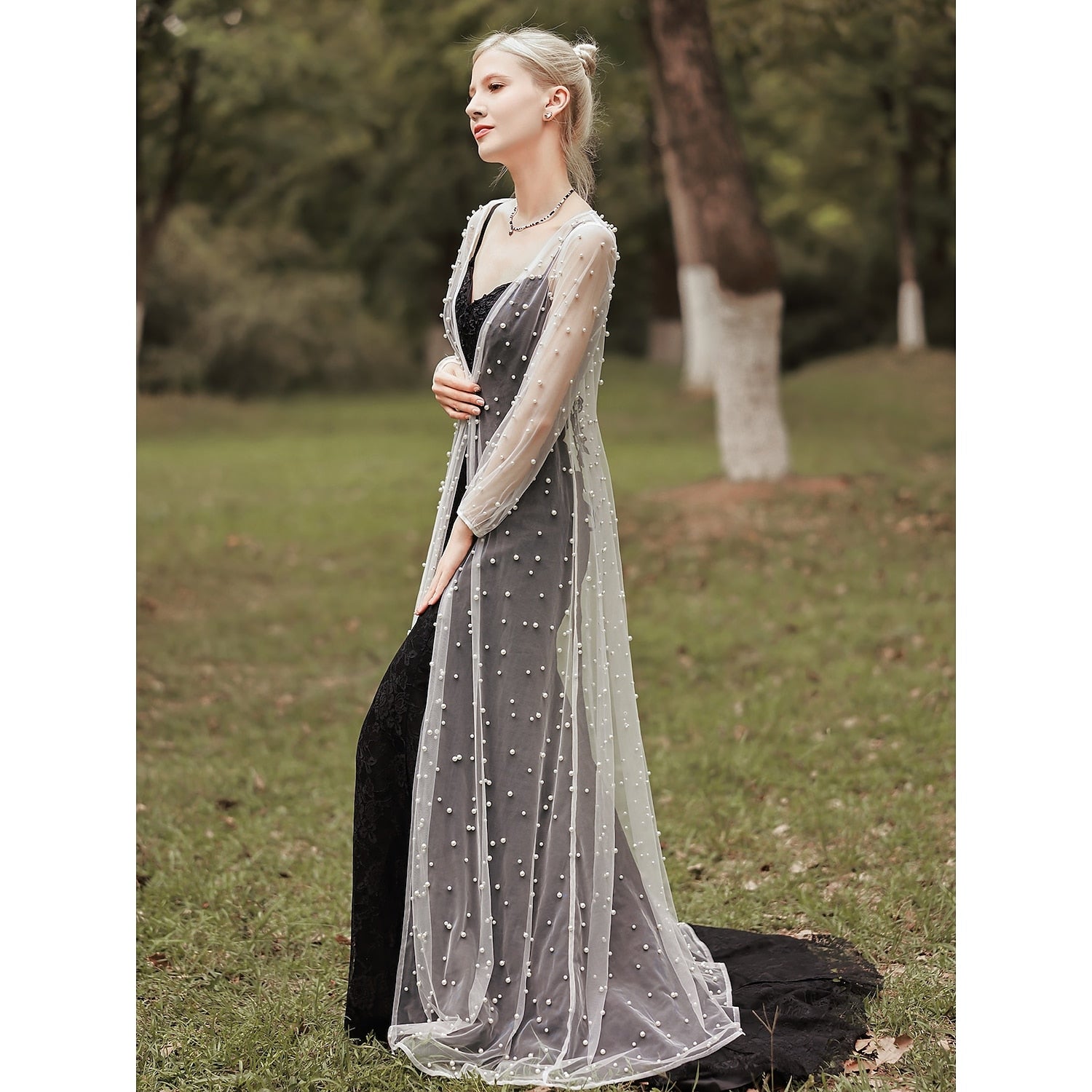 Elegant Long Sleeve Illusion Sleeve Tulle Wedding Wraps With Pure Color - Image 3